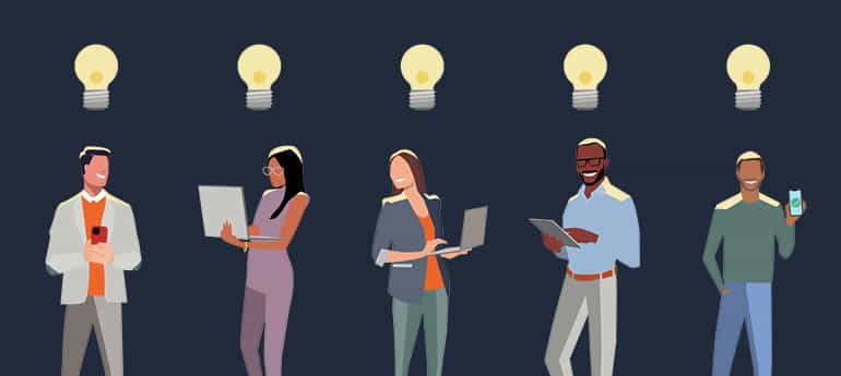 illustration of various professionals with lightbulbs overhead signifying ideas